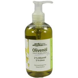 Grüne Flasche mit Olivenöl-Waschlotion und Pumpverschluss.