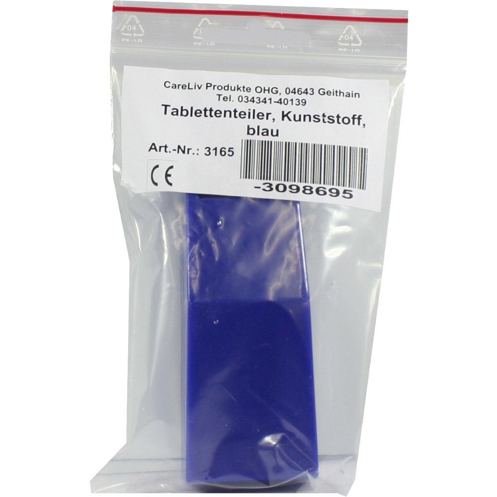 Blauer Tablettenteiler aus Kunststoff in einer Plastiktüte verpackt.