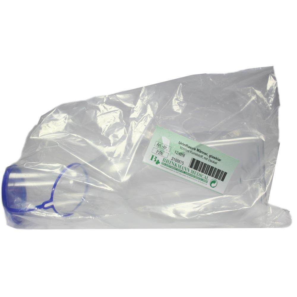 Durchsichtiger Plastikbeutel mit Urinflasche und blauer Kappe.