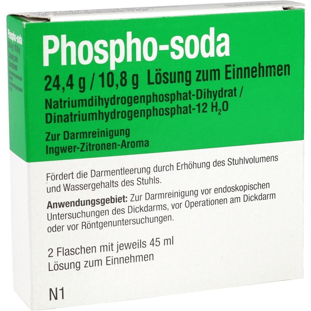 Grüne und weiße Verpackung von Phospho-soda zur Darmreinigung mit Ingwer-Zitronen-Aroma.