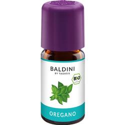 Braunes Fläschchen mit violettem Deckel, darauf steht "Baldini Oregano Bio".