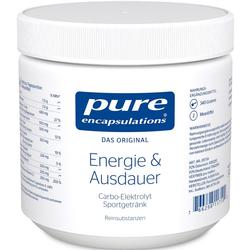 Weiße Dose mit blauem Text "Energie & Ausdauer" für ein Sportgetränk.