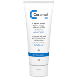 Weiße Verpackung von Ceramol Handcreme zum Schutz trockener und empfindlicher Haut.